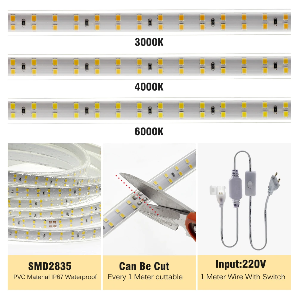 Tira de LED de 220 V, 2835 de alta seguridad, alto brillo, 120 ledes/m, luz LED Flexible, tira de luz LED impermeable para exteriores.