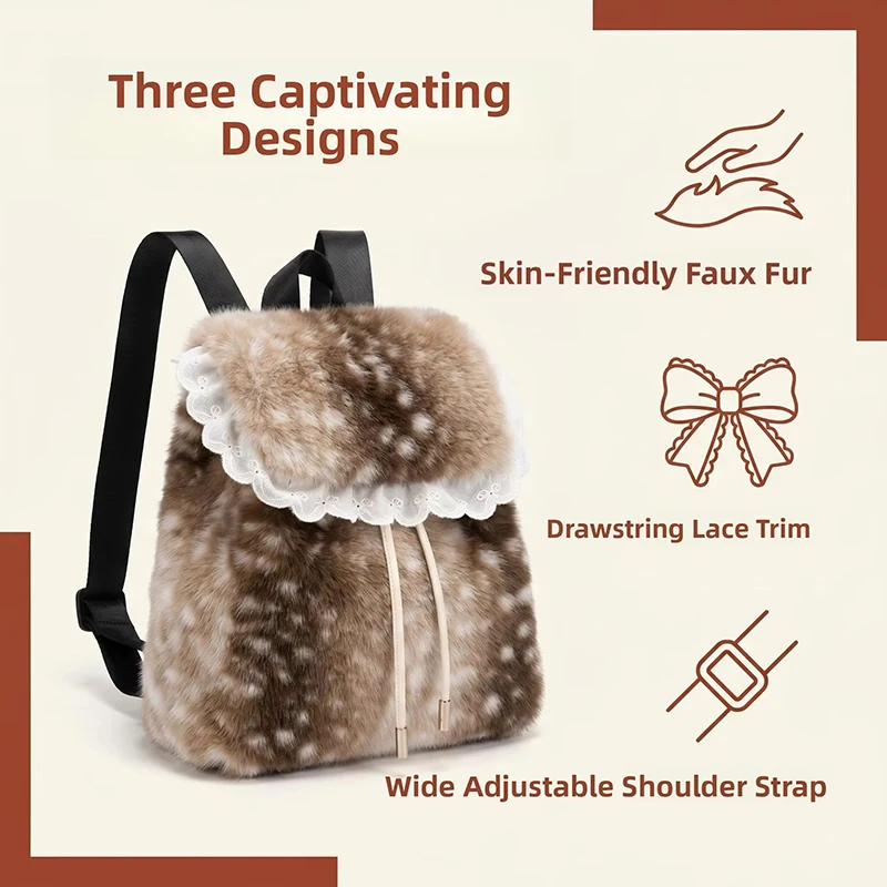 Deer Texure Mori Girl Mode-Rucksack, Damen Kunstfell-Klapprucksack mit Kordelzug, Großer Winter-Schulrucksack, Süßer Buchrucksack – Detail 4