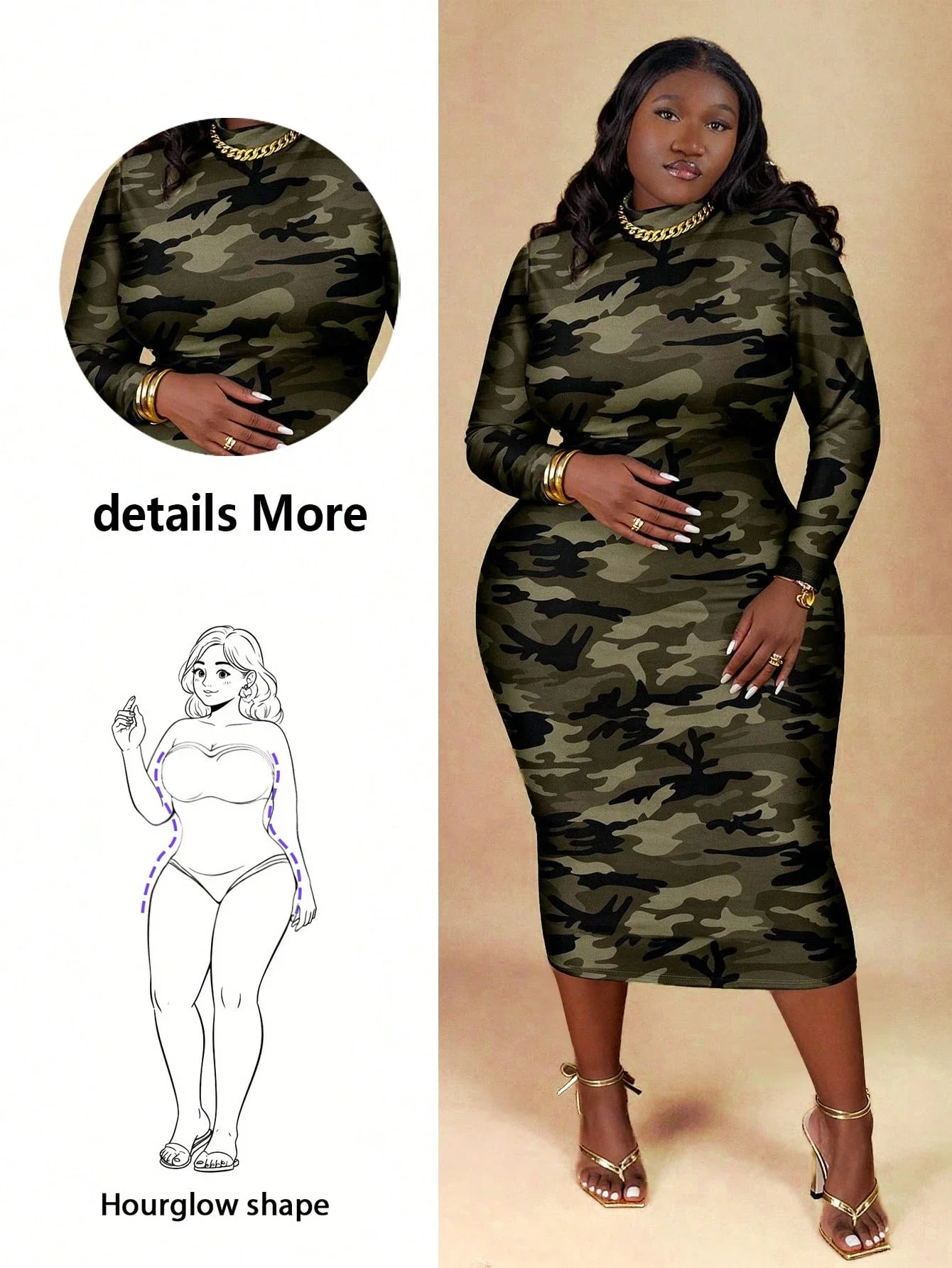 Fitted Long Sleeve Camouflage Print Dress For Hourglass Body Shape Casual Plus Size