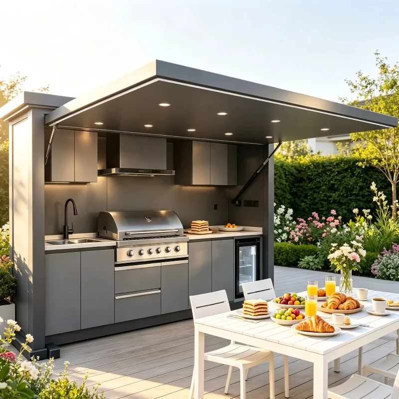Space Saving Modern Cabinet Double Door Design And Drawer Basket Outdoor Kitchen Unit For Small Backyard Patio Grill