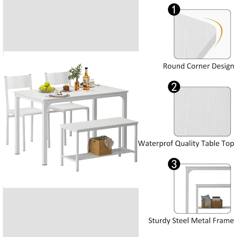 Mesa de Jantar com 2 Cadeiras e 1 Banco, Conjunto de 4 Peças, Mesa com Pernas de Metal, Sala de Estar, Sala de Jantar 43"