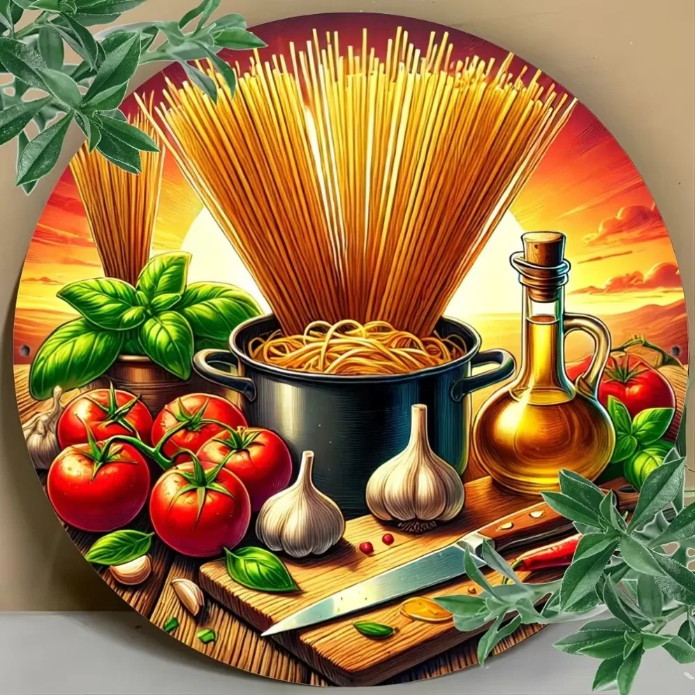 Letrero de cocina italiana vintage: arte redondo de aluminio con tomate y espagueti, regalo ideal y decoración de cocina