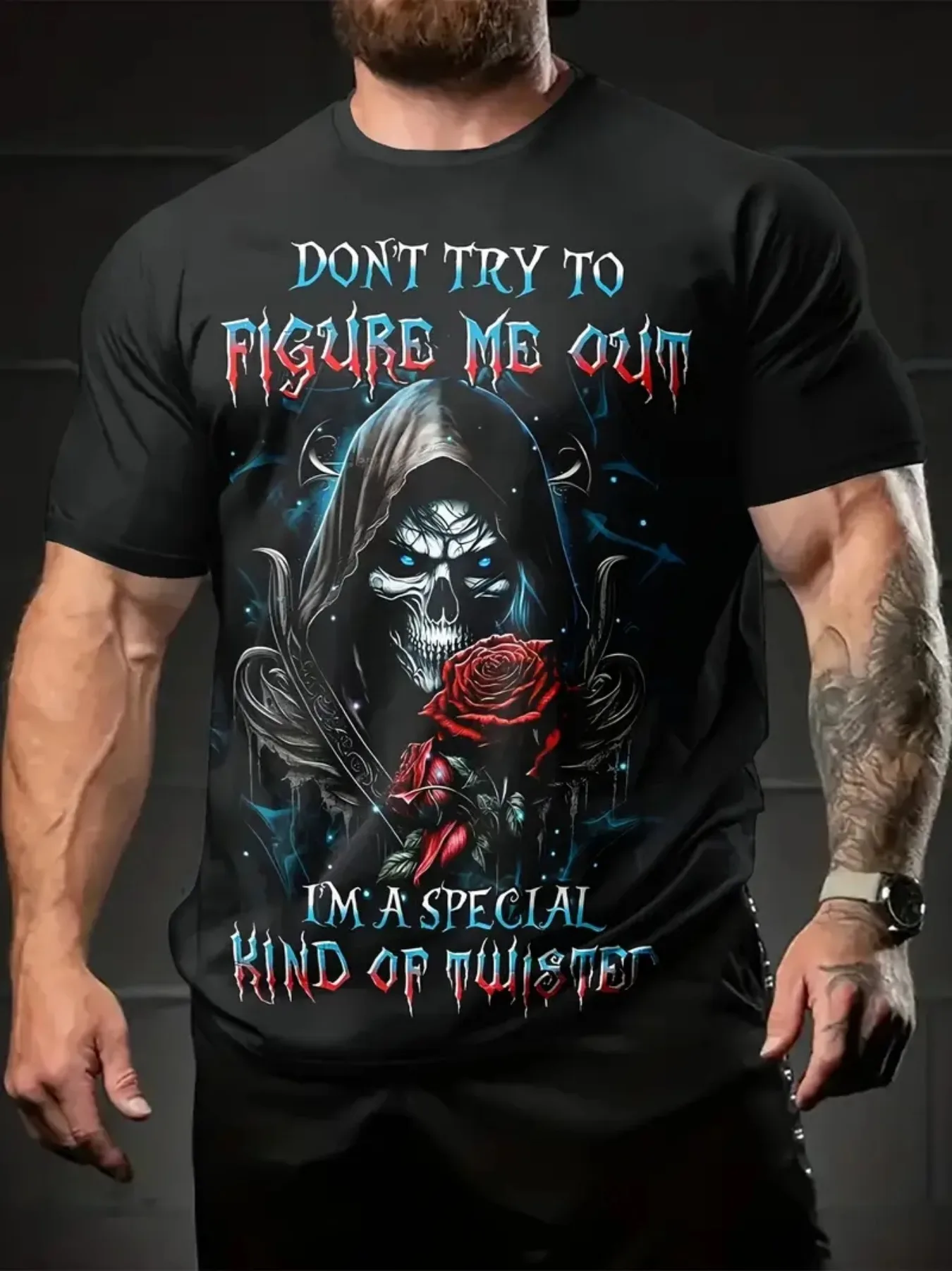 

Men'S Gothic Graphic T-Shirt Don't Try to Figure Me Out Slogan Skull Rose Print Men's T-shirts Halloween Costume Oversized Shirt