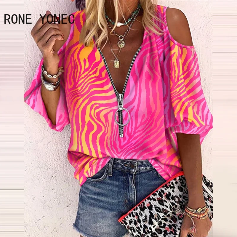 

Women Chic Tiger Stripes Zipper Decoration Hollow Out Three Quarter Sleeves Casual Blouse Tops