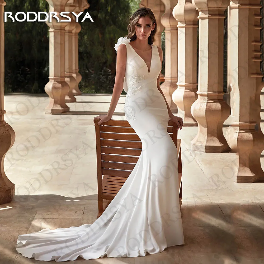 

RODDRSYA Simple Mermaid Wedding Dresses For Bride 2024 Sleeveless V Neck Lace Applique Illusion Back Bridal Gown hochzeits kleid