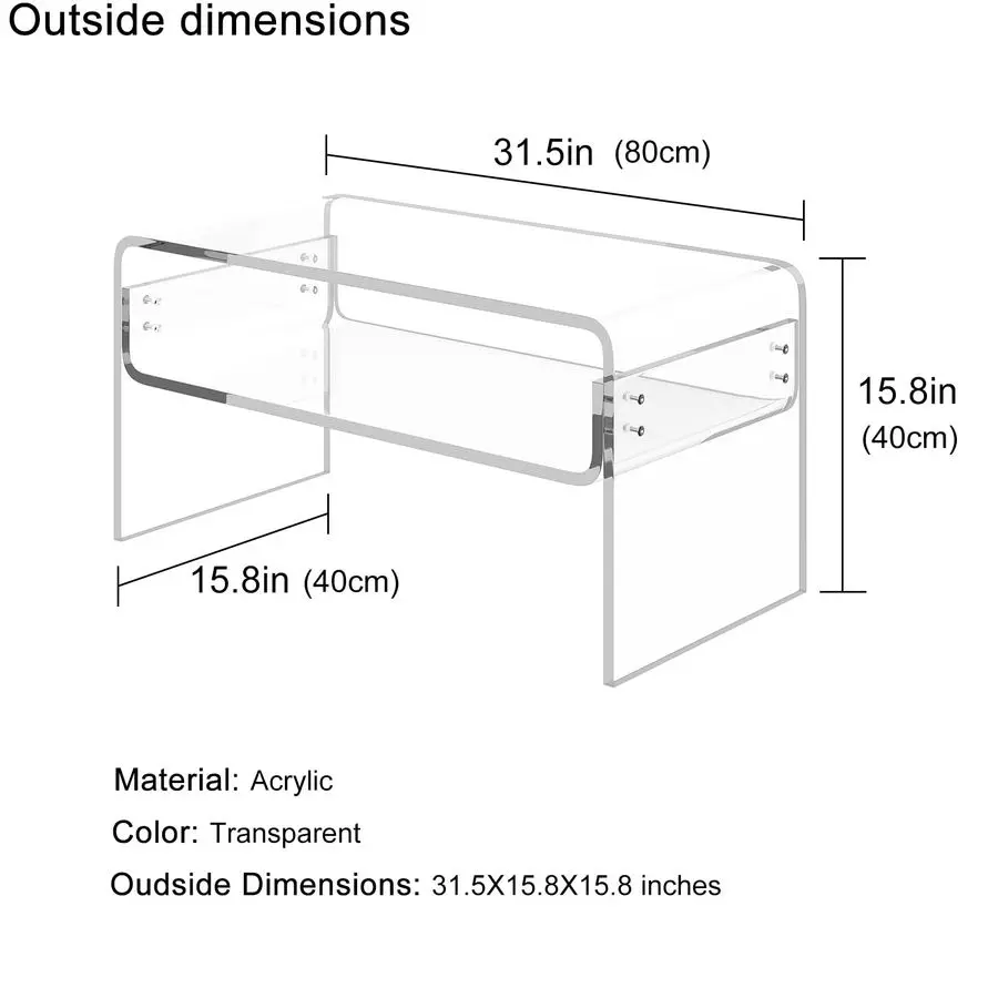 Coffee Table, Clear Rectangle Side Table Furniture, Modern Tea Table With Open Storage, End Table for Living Room, Office Recept