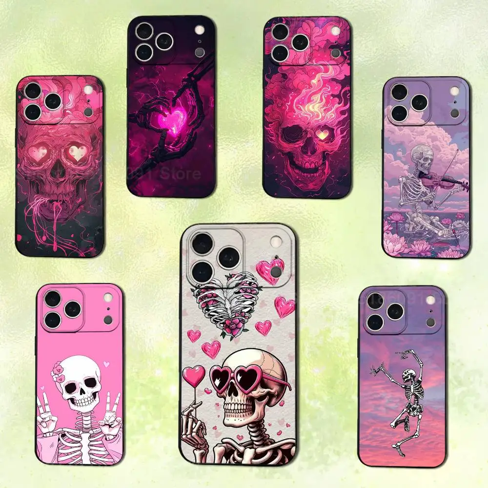 

Pink funny skull Art For iPhone 14,13,17,12,11,16,15,Plus,Pro Max,XS,X,XR,SE,Mini, Case Soft Silicone Black Cover