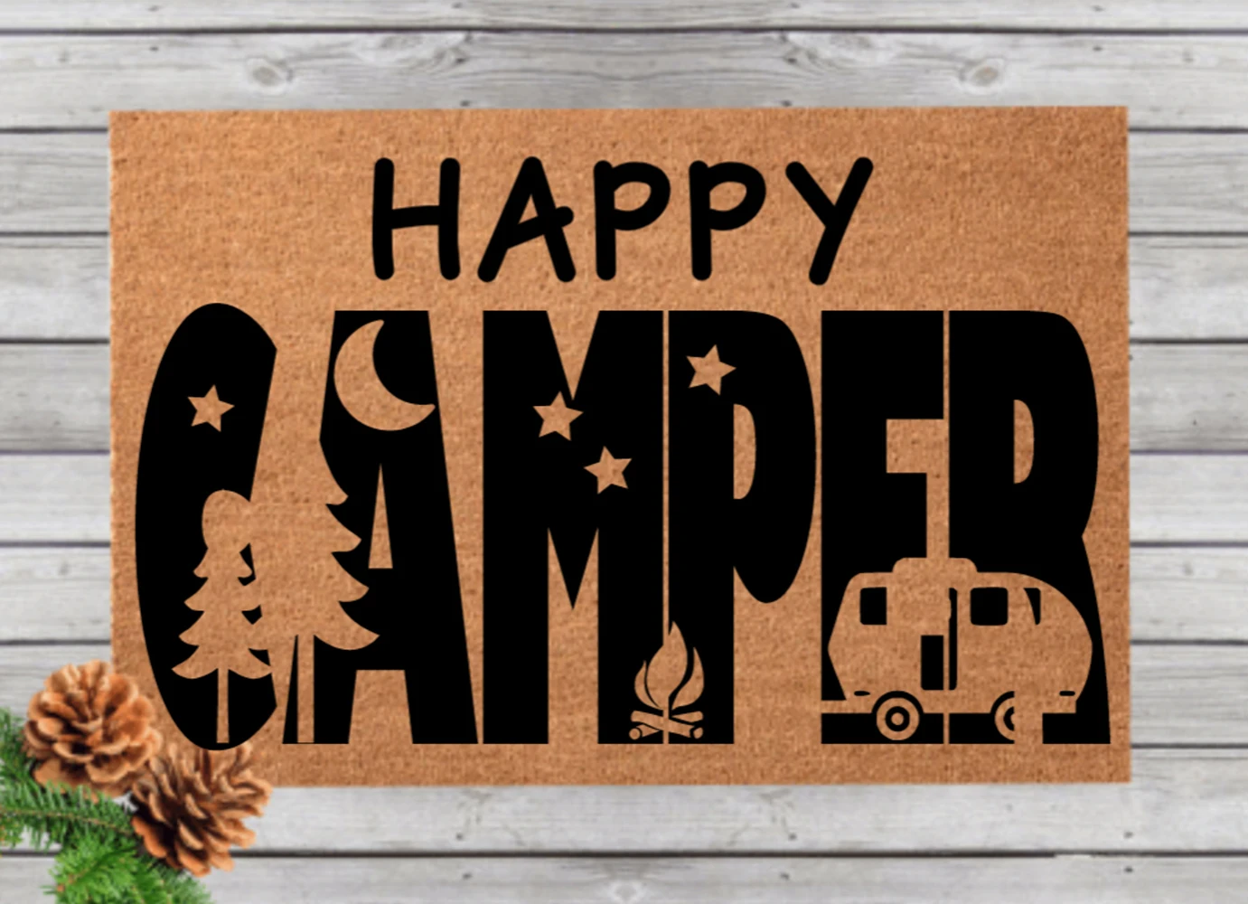 

Custom Camping RV Coir Doormat Personalized Non Slip Entrance Mat Indoor Outdoor Happy Camper Print Pine Tree RV Decor Rug
