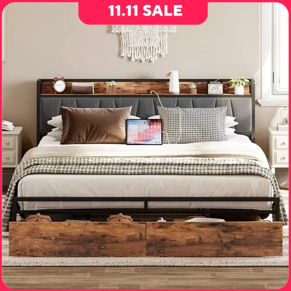 

King Size Bed Frame, Storage Headboard with Charging Station & Drawers, No Box Spring Needed, Platform Bed