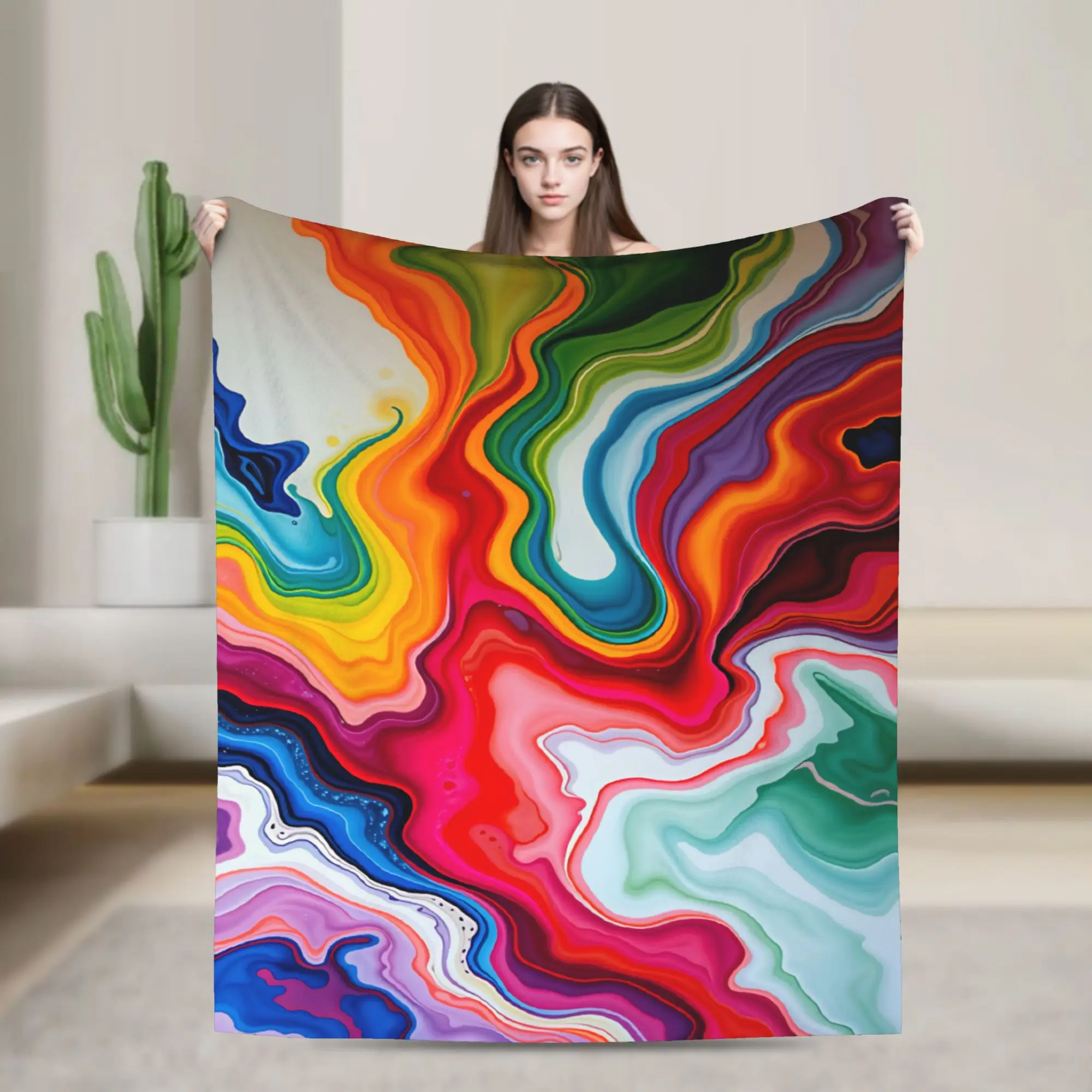 Rainbow Alcohol Ink Liquid Marble Blanket Autumn  Soft Cozy Throw Blanket For Kids Adults Outdoor Flannel Bedspread Bed Cover