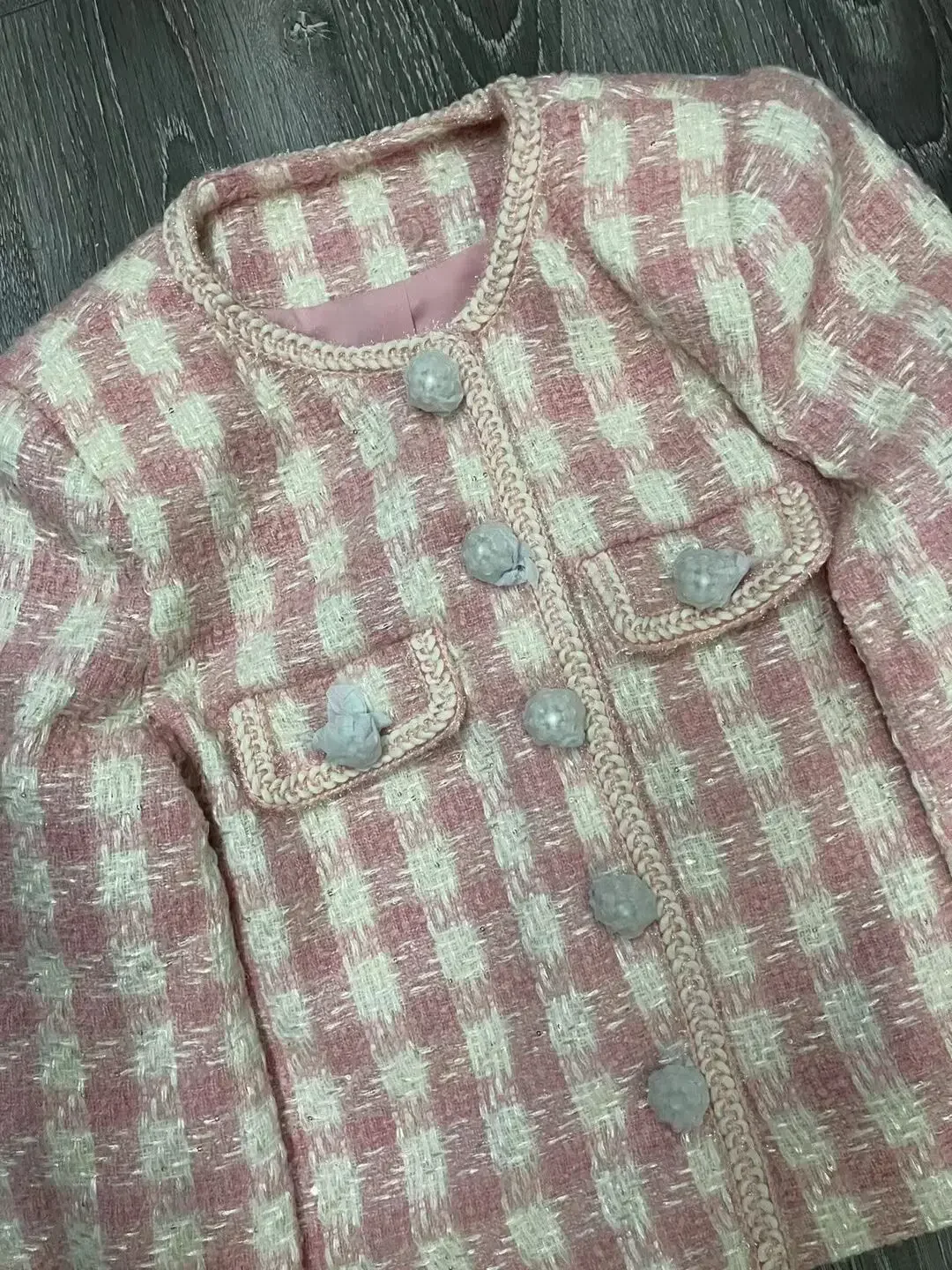 Otoño Invierno chaqueta a cuadros rosa para mujer abrigo femenino elegante de manga larga con cuello redondo y una hilera de botones