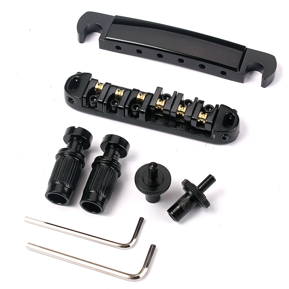 Roller Saddle Bridge Tailpiece with Studs and Wrenches for SG Style Electric Guitar Replacement Parts (Black)