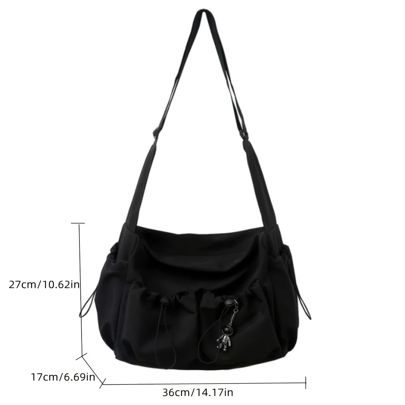 Drawstring Detail Crossbody Bag, Large Capacity Shoulder Bag, Fashion Zipper Bag & Bag Charm