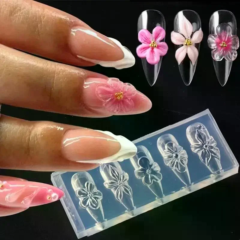 Moule en silicone 3D pour ongles, motif fleurs printanières (lys, hibiscus), pour la sculpture et l'impression de motifs en résine, outils de manucure DIY