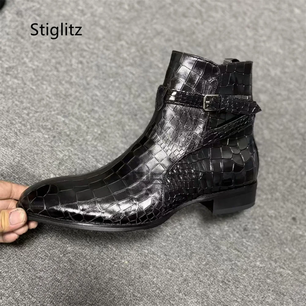 

Black Crocodile Print Genuine Leather Ankle Boots for Men Belt Buckle Pointed Toe Low Heel Chelsea Boots Party Business Shoes