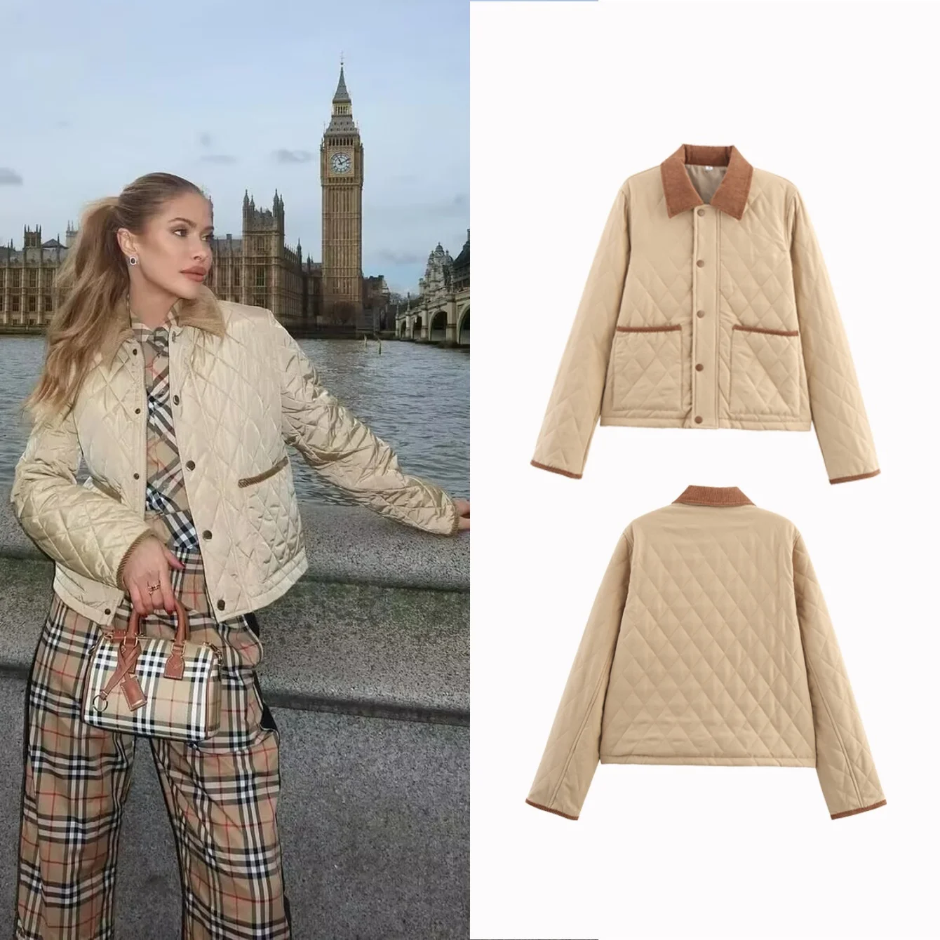 

2025 Women Parkas Jacket Autumn Winter Short Jacket Casual Long Sleeves Lapel Single-breasted Pockets Diamond Plaid Cozy Coat