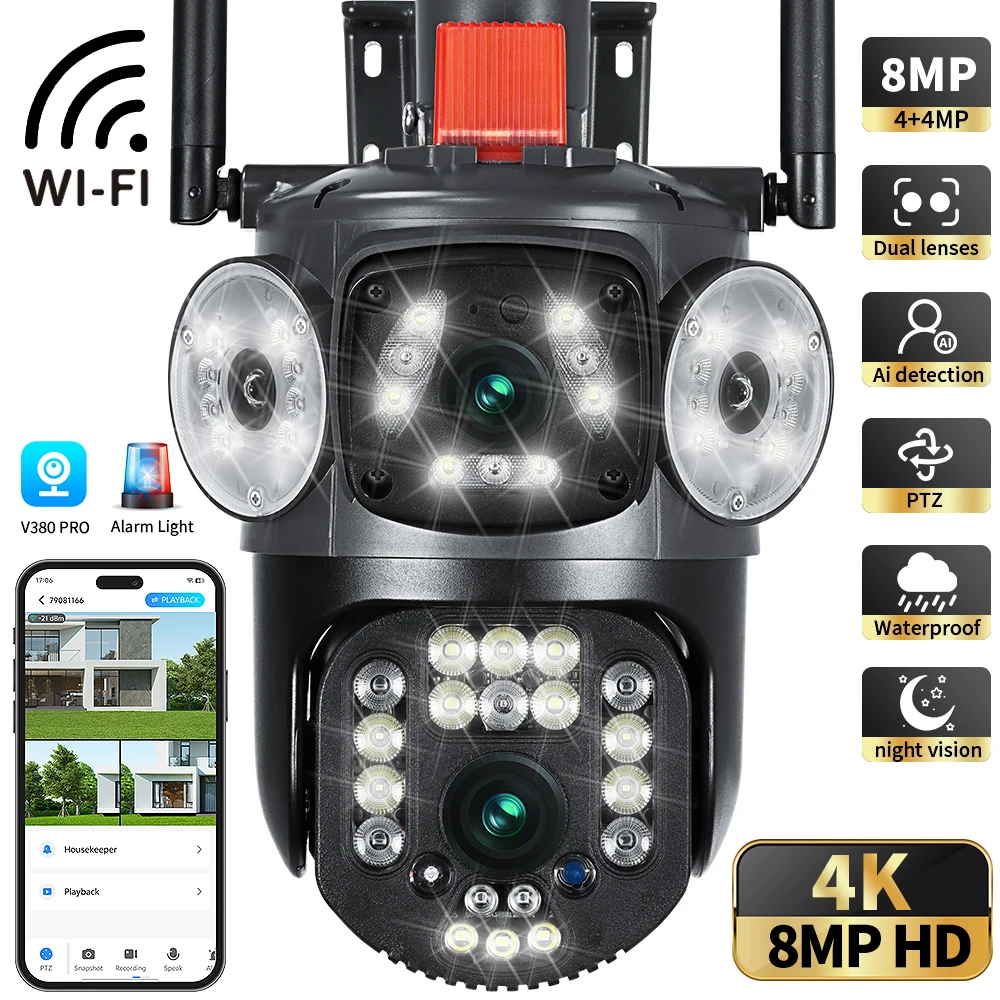 Outdoor HD 3-screen surveillance camera home WiFi polycrystal full-color night vision