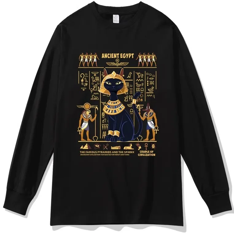 Cotton Long Sleeve T-Shirt Unisex Loose Fit Comfortable Casual Black  Print Base Shirt for Autumn Winter Men Women