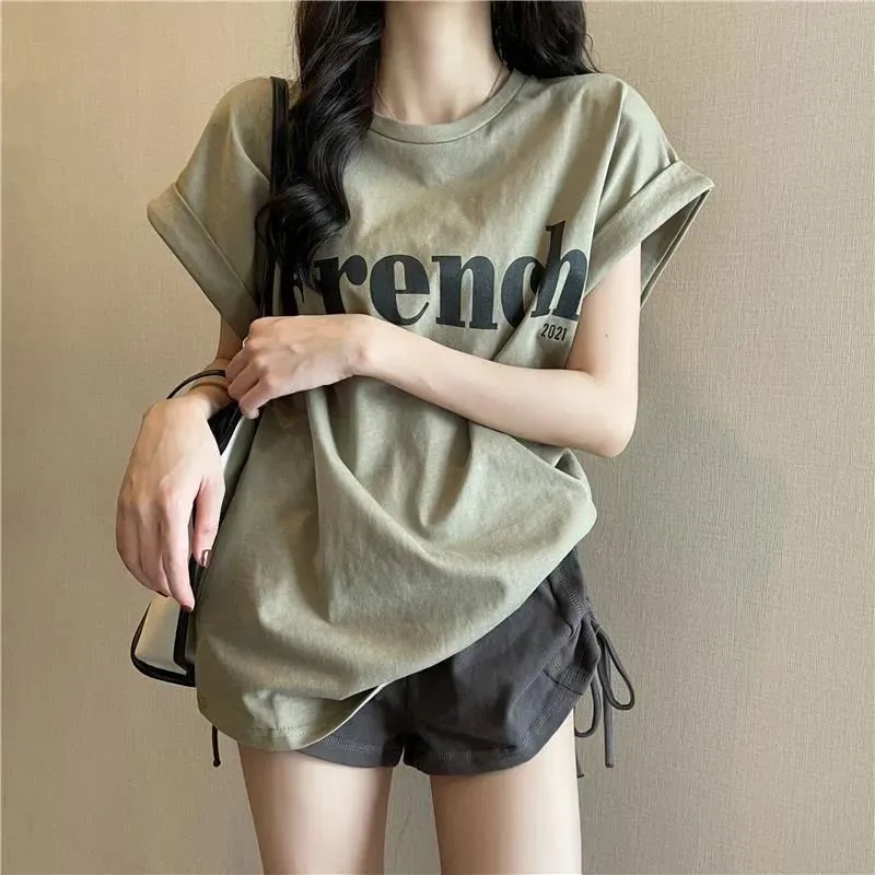 Summertime T-shirt Suit Female New Style Online Celebrity. Drawstring Shorts Loose Drop Shoulder Letter Printing Sexy Costume