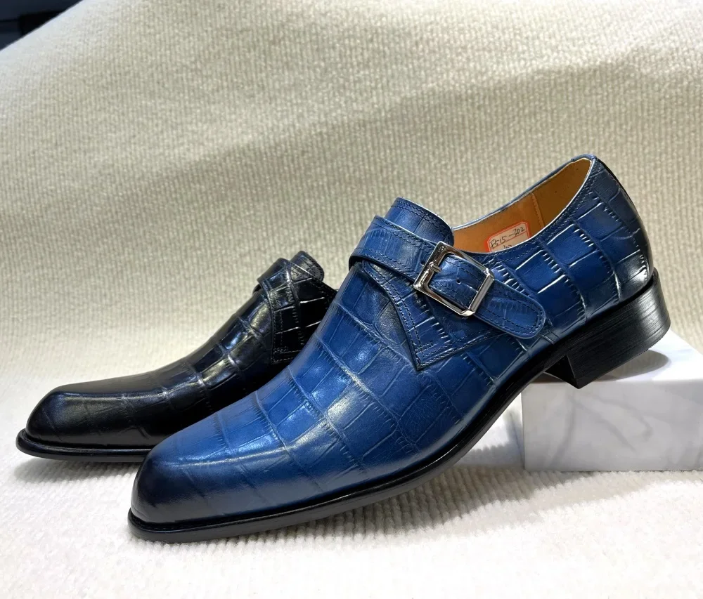 Classic Men's Oxfords Genuine Leather Plain Toe Handmade Lace-Up Office Business Dress Shoes Blue Wedding Formal Footwear - view 5