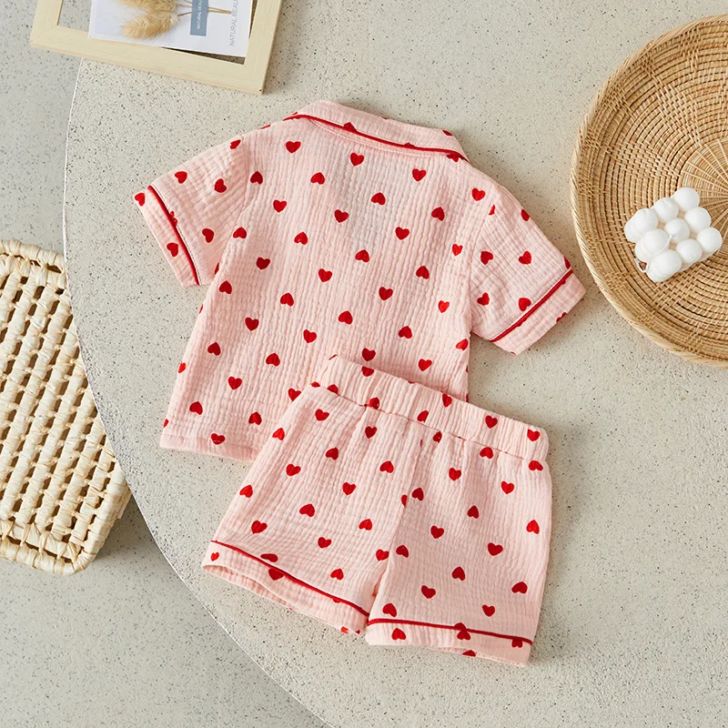 Suefunskry Toddler Baby Girl Pajama Set Lapel Neck Button Down Short Sleeve Tops + Elastic Waist Heart Print Shorts Sleepwear