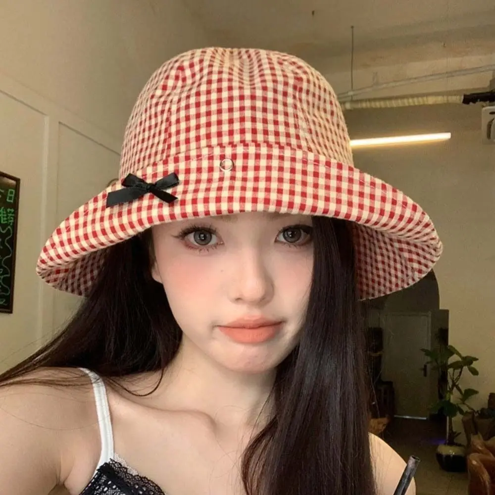 New Black Bowknot Plaid Bucket Hat Casual Versatile Wide Brim Sun Hat Dome Basin Gingham Check Fisherman Hat Travel Outdoor
