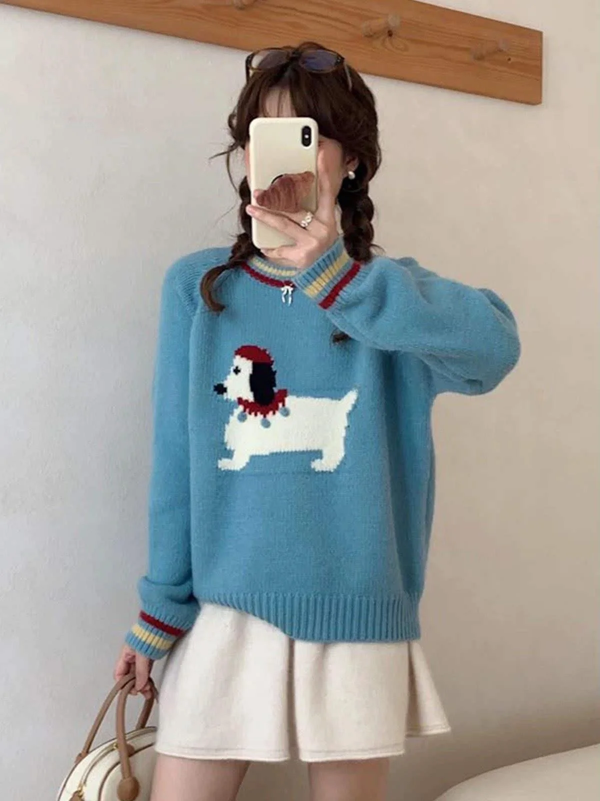 

Korean Style Autumn Winter round Neck Knitted Sweater Women's Top Adorable Little Dog Pattern Warm Fashionable Long Sleeve