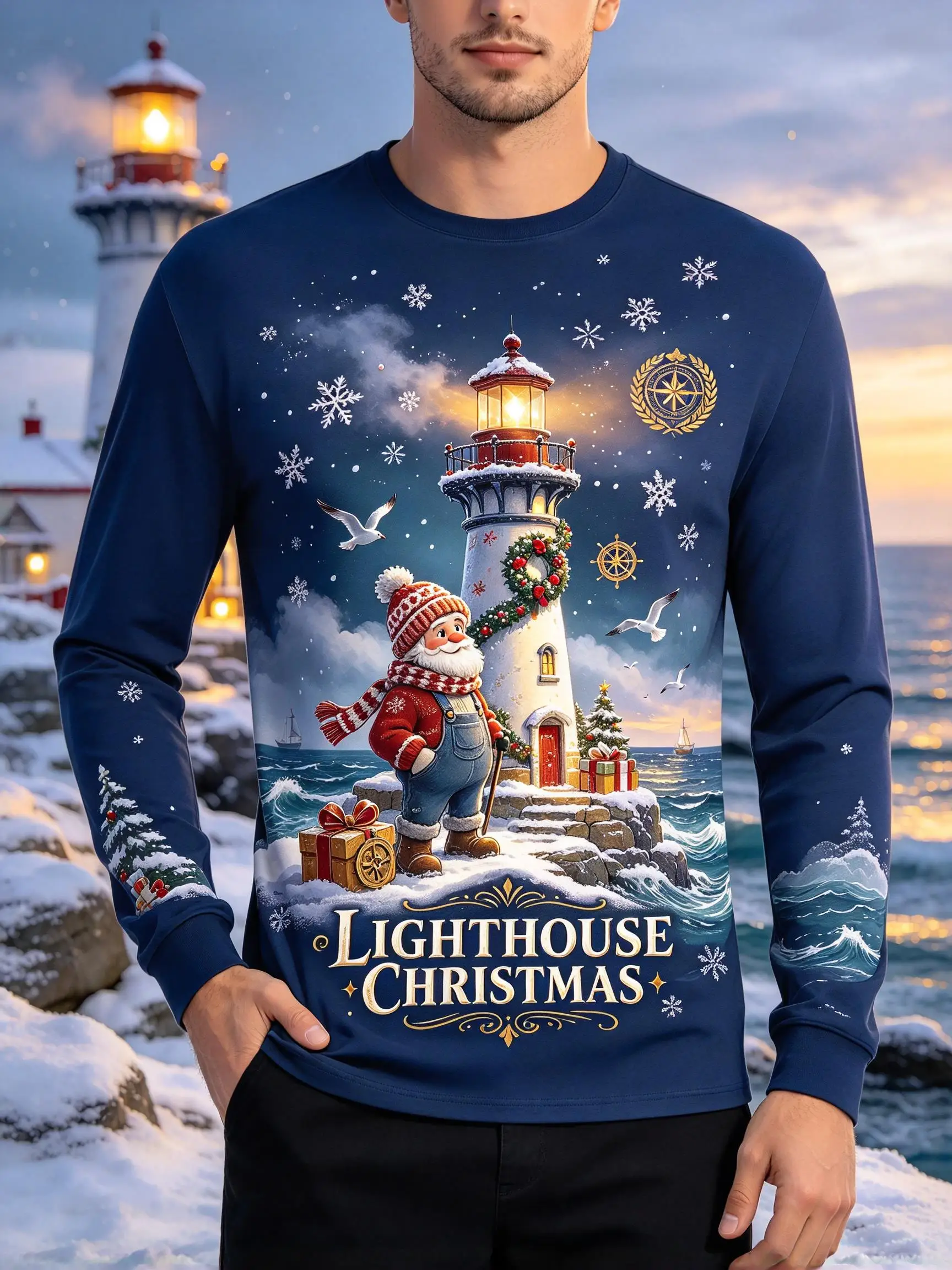Men's Starry Christmas Graphic Long Sleeve T-shirt, Telescope Boy Snow Xmas Tree Galaxy Print Casual Tops Holiday Party Tee