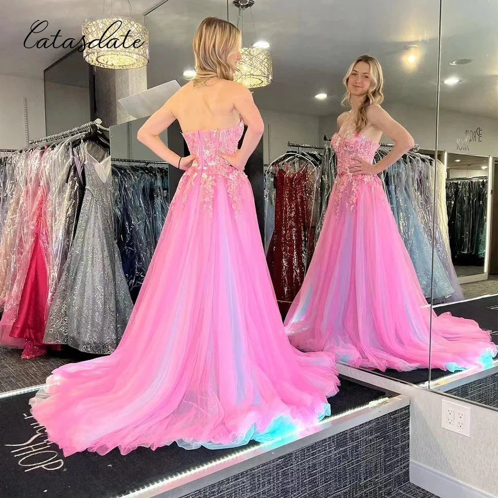 Catasdate Pink Evening Dress with Applique A Line Party Dress Formal Prom Party Gown for 2024 New Year Dress  for Women