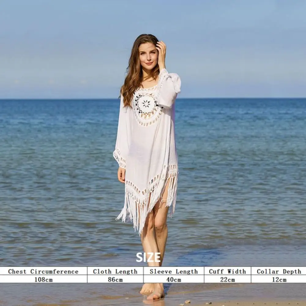 Vestido de Playa Calado con Borlas, Estilo Casual y Sexy, para Mujer