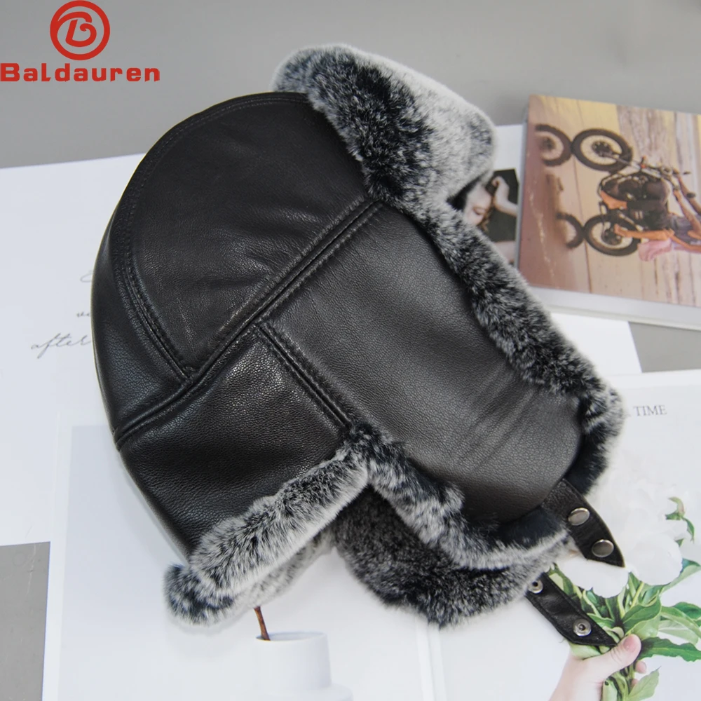 

New Unisex Real Rex Rabbit Fur Bomber Hat Ushanka Cap Trapper Russian Men Women Ski Hats Caps Real Sheepskin Leather Winter Warm