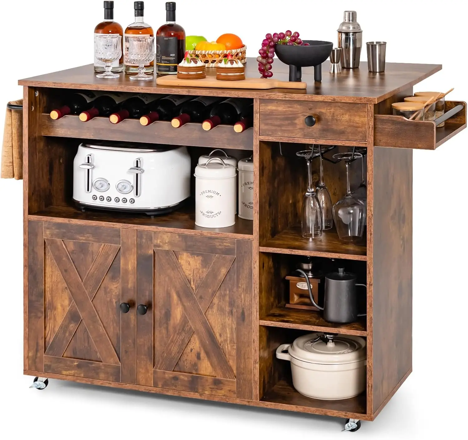 Giantex Kitchen Island With Drop Leaf - Mobile Kitchen Storage Cart With Cabinet, 3 Cube Shelves, 7 Wine Bottles Rack, 1