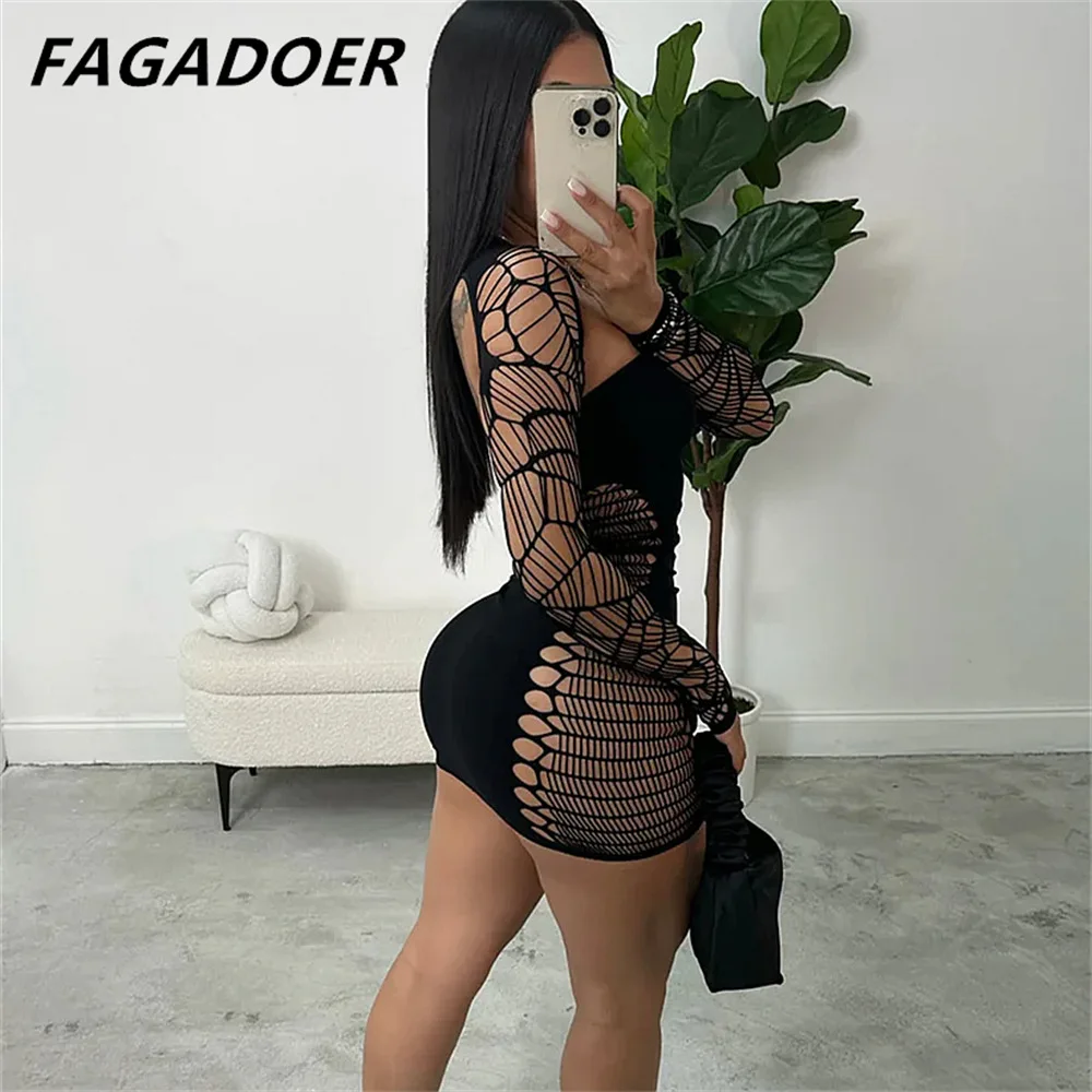 FAGADOER Black Sexy Hollow Out Hole Thick Lace Nightclub Mini Dress Women Long Sleeve Bodycon Vestidos Fashion Clothing 2024 New