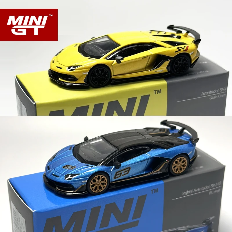 MINI GT 1:64 Aventador SVJ 63 Blue Giallo Orion Yellow alloy car model 563 784