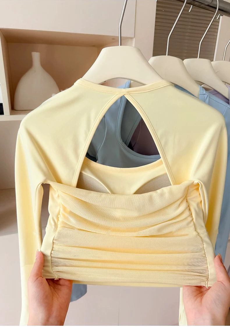 Langarm-Sporttop für Damen mit Brustpolstern, Yoga-Bekleidung, Fitnesskleidung für Pilates-Training, Laufbekleidung – Detail 7