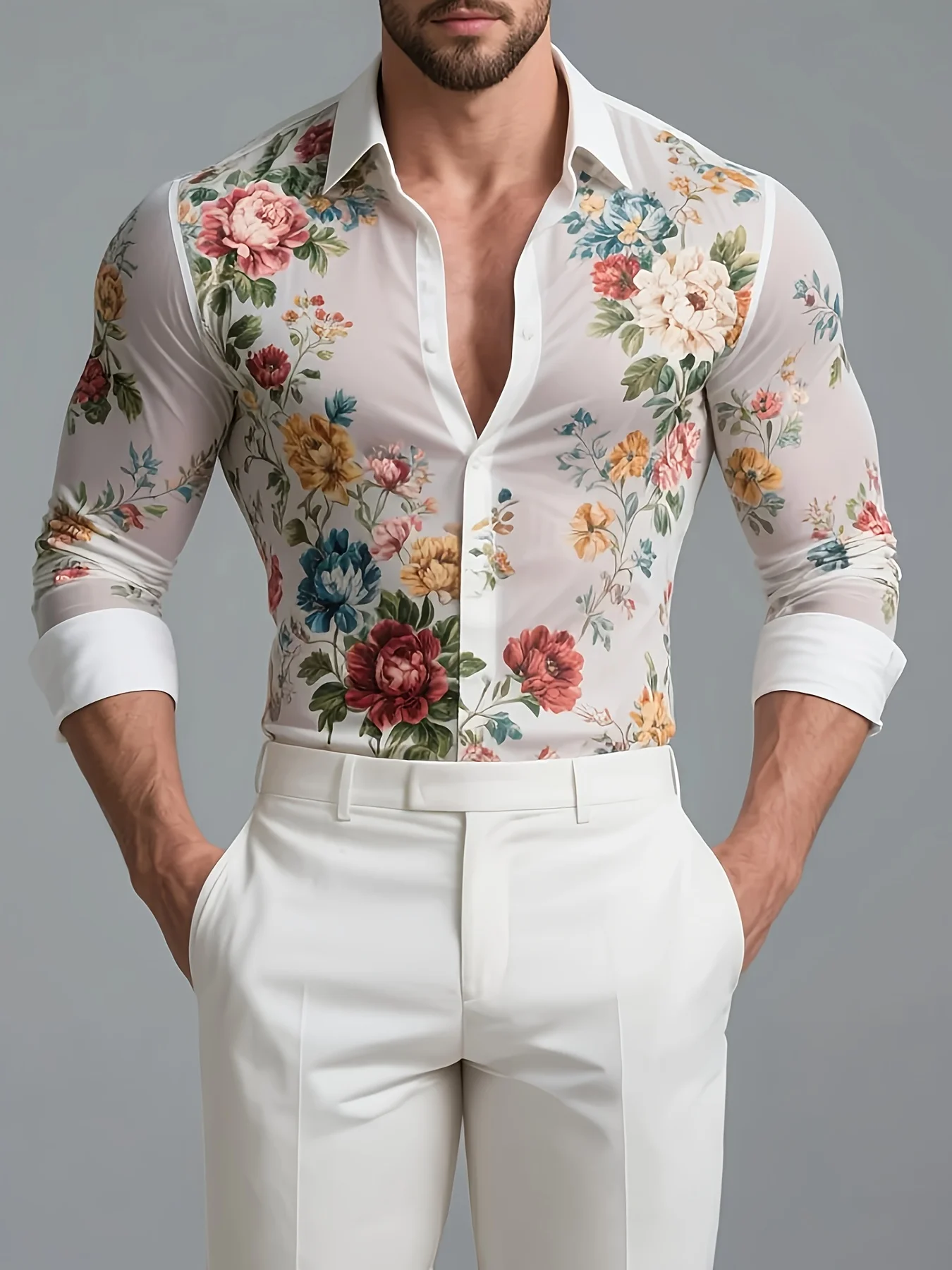 Floral Leaf Pattern Long Sleeve See-Through Shirt