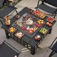 Multifunctional Barbecue Table Outdoor Camping Metal Fire Pit Wood Burning Stove Outdoor Campfire BBQ Grill Square Table