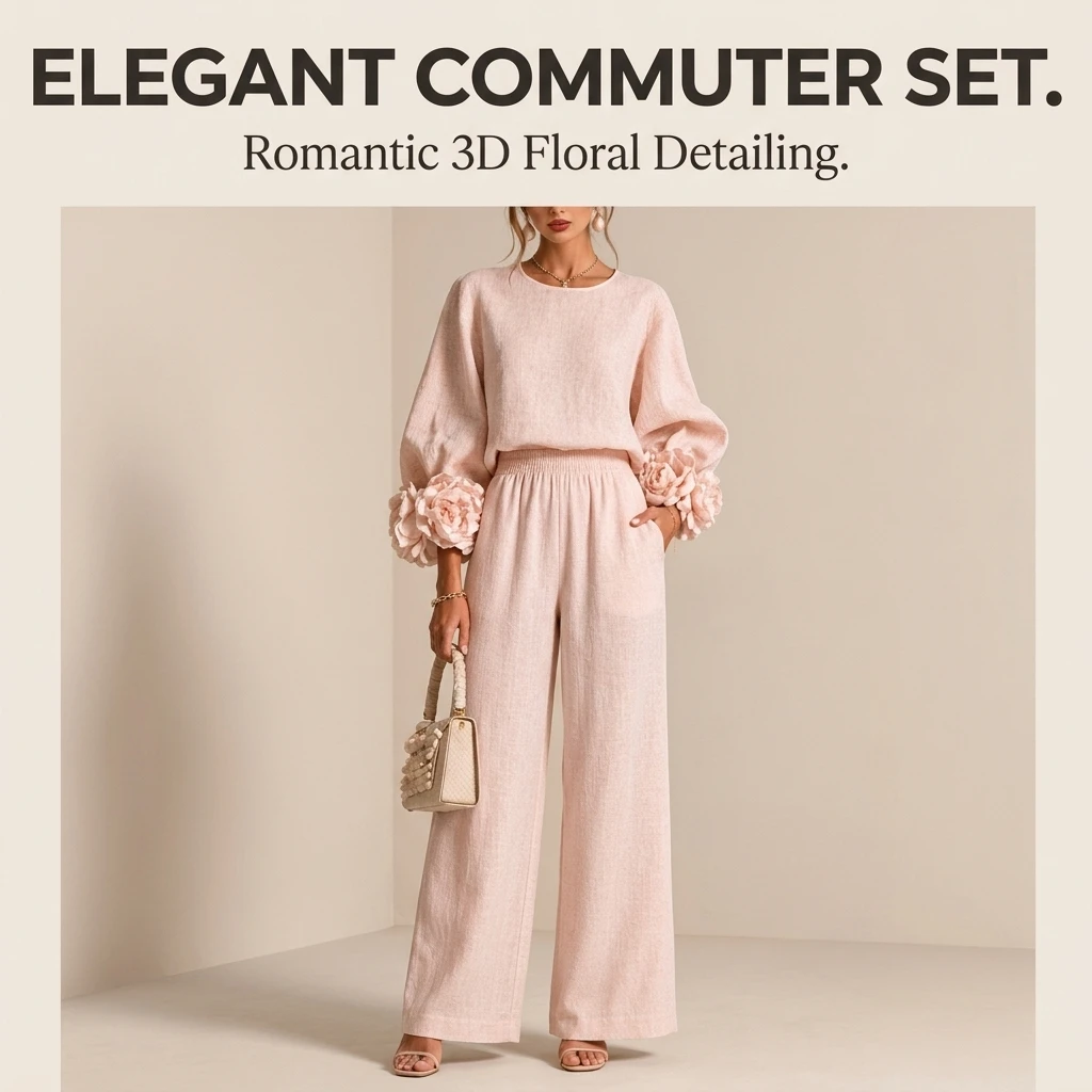 2 Piece Pants Set for Women Long Sleeve Top with 3D Flower Cuffs and Wide Leg Trousers Elegant Commuter Outfit image 4