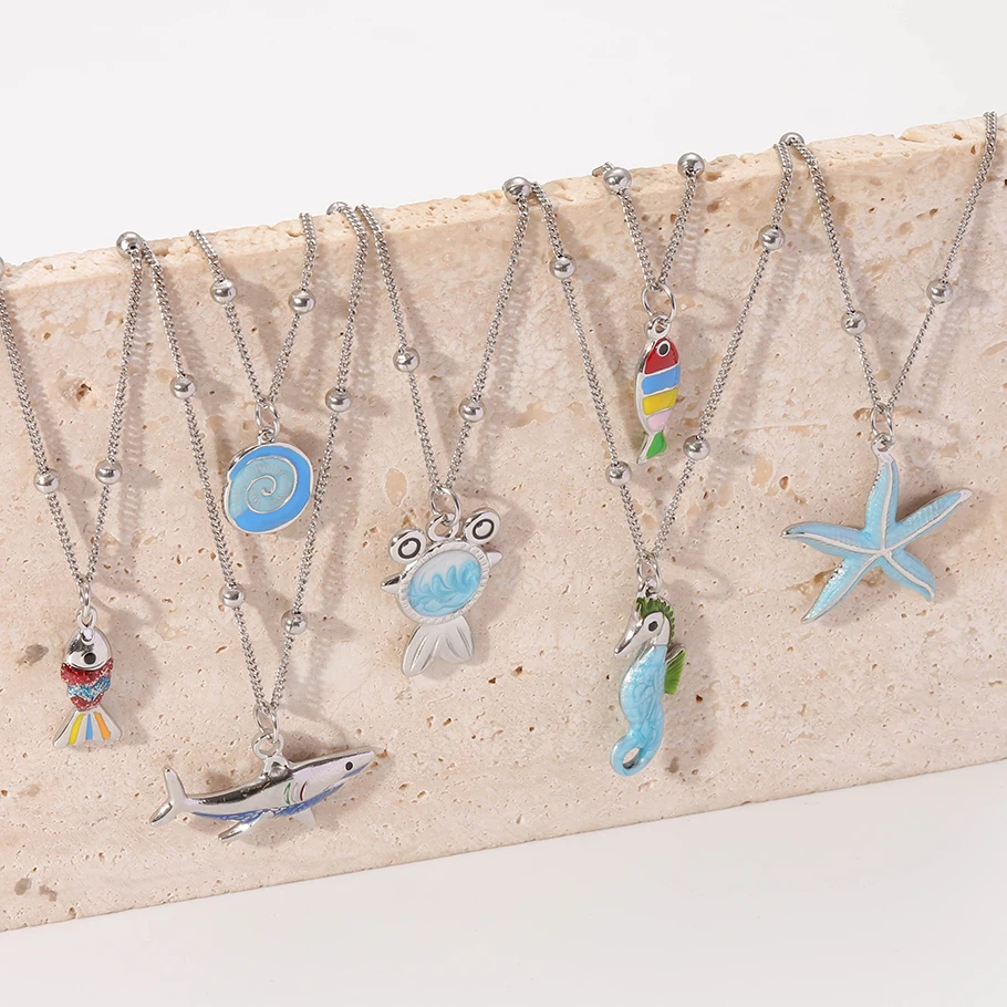 Summer Blue Marine Animals Delicate Necklace Hippocampus Tortoise Conch Stainless Steel For Women Choker Accessories Party Gift
