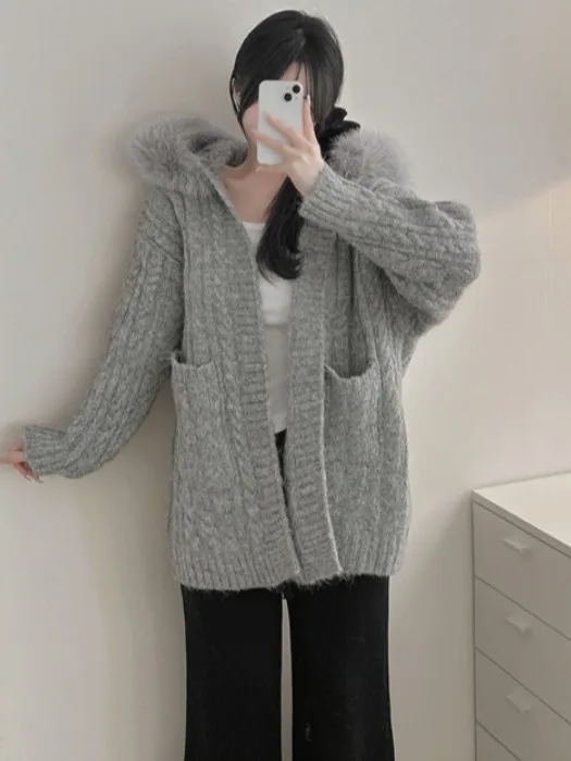 

Корейский мягкий открытый кардиган, женский осенне-зимний новый длинный вязаный свободный топ средней длины с большим меховым воротником