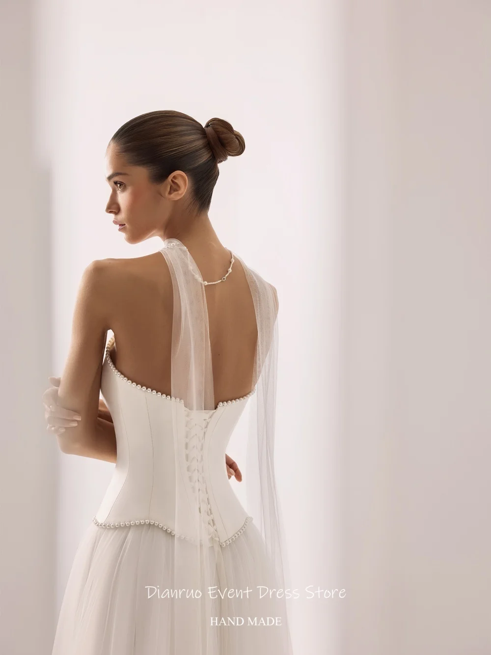 Dianruo Minimalist Pearl Trimmed Wedding Dress Strapless Layered Tulle Vestido Novia Ribbons Civil Robe De Mariée Customized