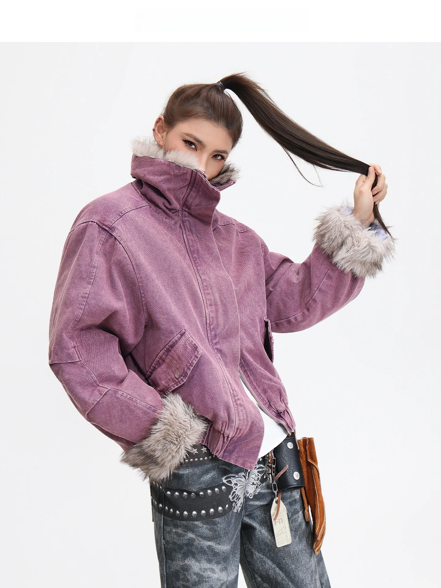 

Теплая джинсовая хлопковая куртка с меховым воротником, зимнее пальто в уличном стиле, свободный крой, чистый хлопок, товар для электронной коммерции