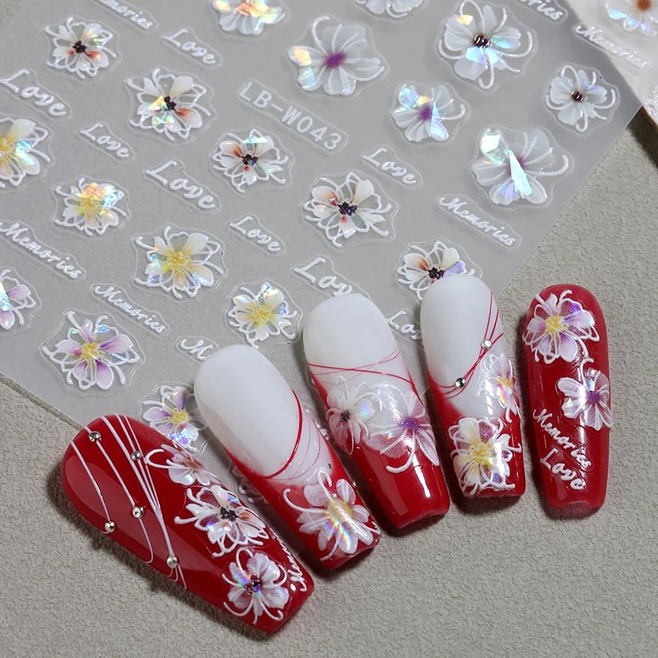 Laser Flowers 3D Nails Stickers Floral Holographic Fairy Aurora Shiny Blooming Flower Decals 2024 Cute Summer Nail Decor#LB-W042