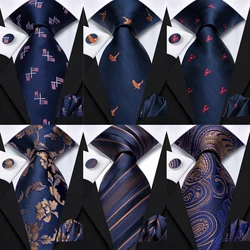 Hi-Tie Navy Blue Fashion Mens Elegant Tie Handkerchief Cufflinks Wedding Party Accessorie Gift for Men Gravats Novelty Designer