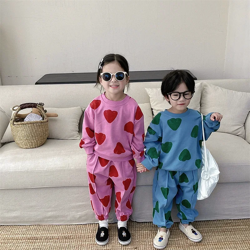 Sister-Brother Clothes 2023 Autumn Boys and Girls Korean Style Full Printed Love Sweatshirt and Sweatpants Siblings Costume Suit