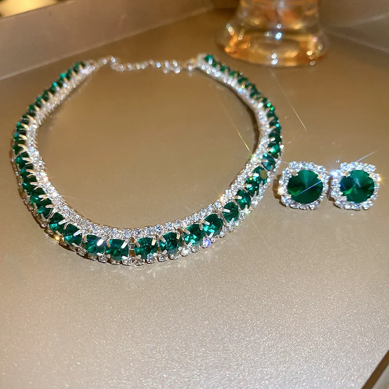 FYUAN Luxus Halskette Ohrringe Sets Grün Kristall Halskette Frauen Hochzeiten Braut Schmuck Zubehör – Detail 3
