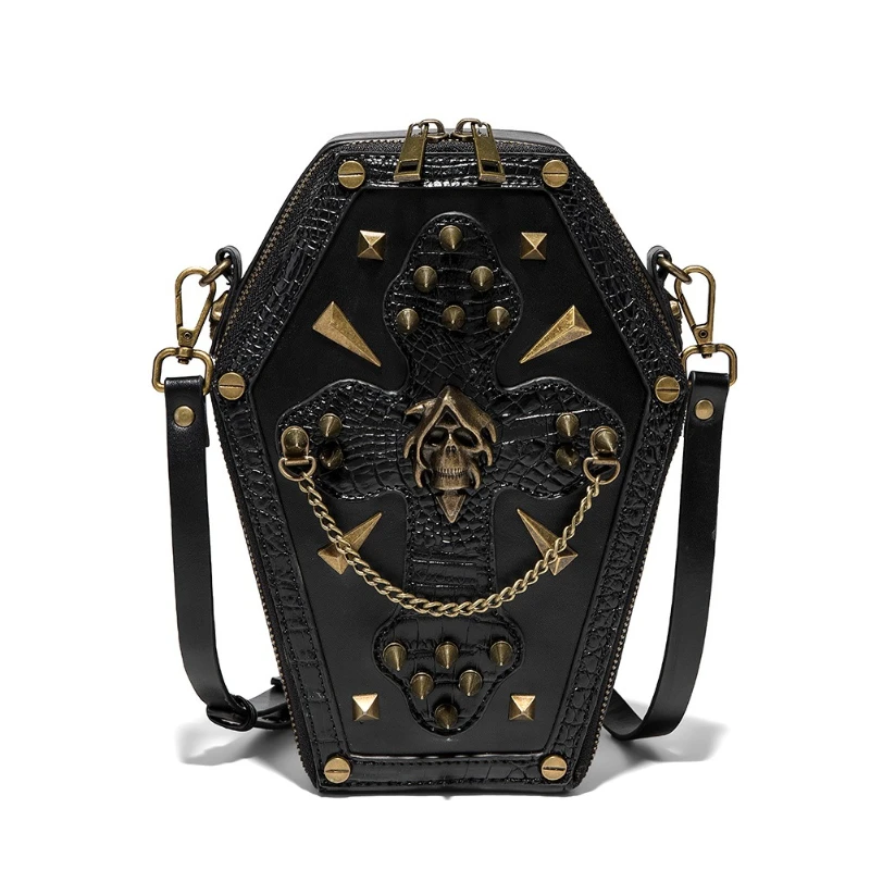 Gothic Vintage Women Shoulder Bags,Medieval Punk Halloween Cosplay Accessory Mini Crossbody Bag,Skull Rivet Coffin Handbag Purse