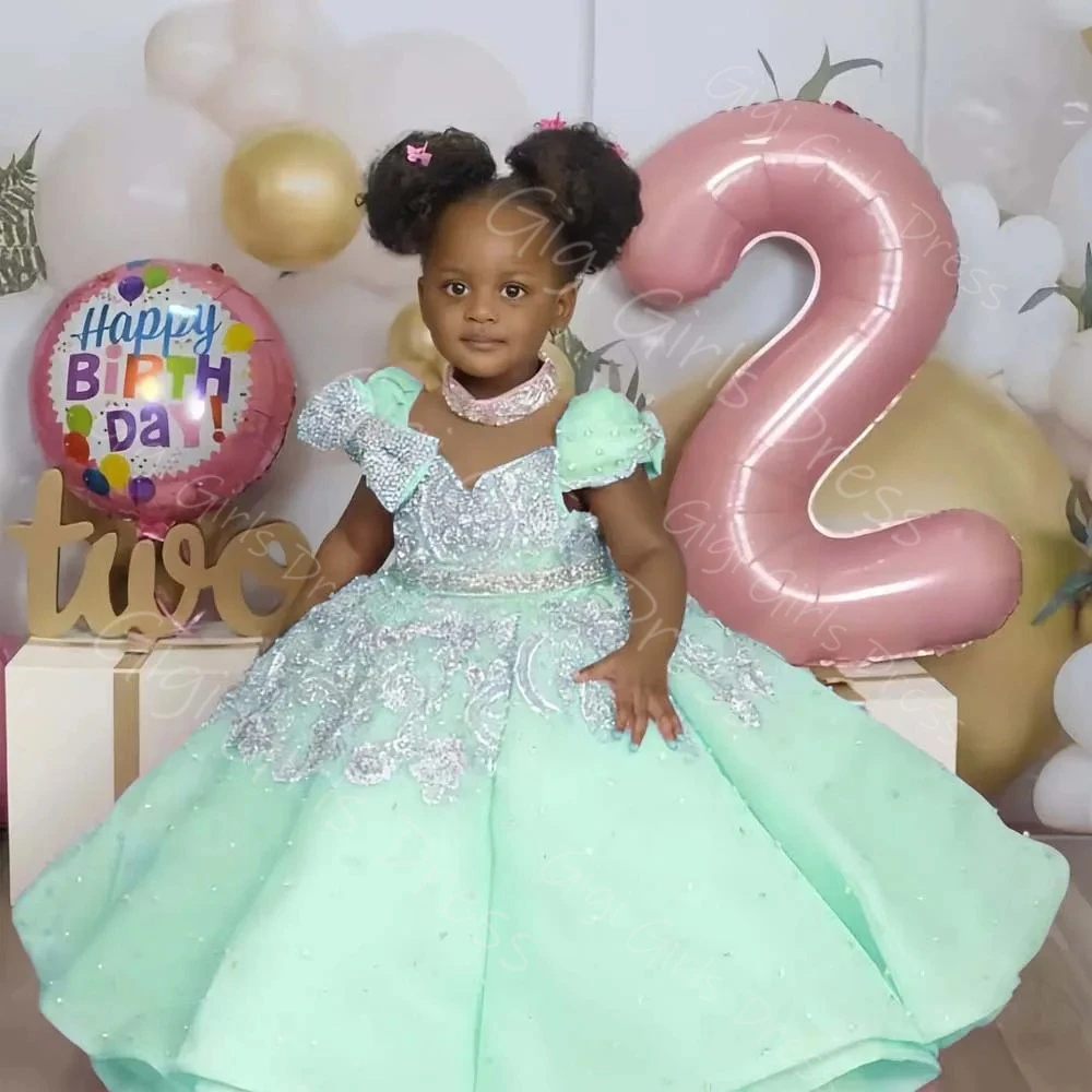 Girls Birthday Dress Glitter Beaded Appliques Ball Gown With Pearls Sheer Neck Cap Sleeves Flower GIrl Dress Custom Party Frock