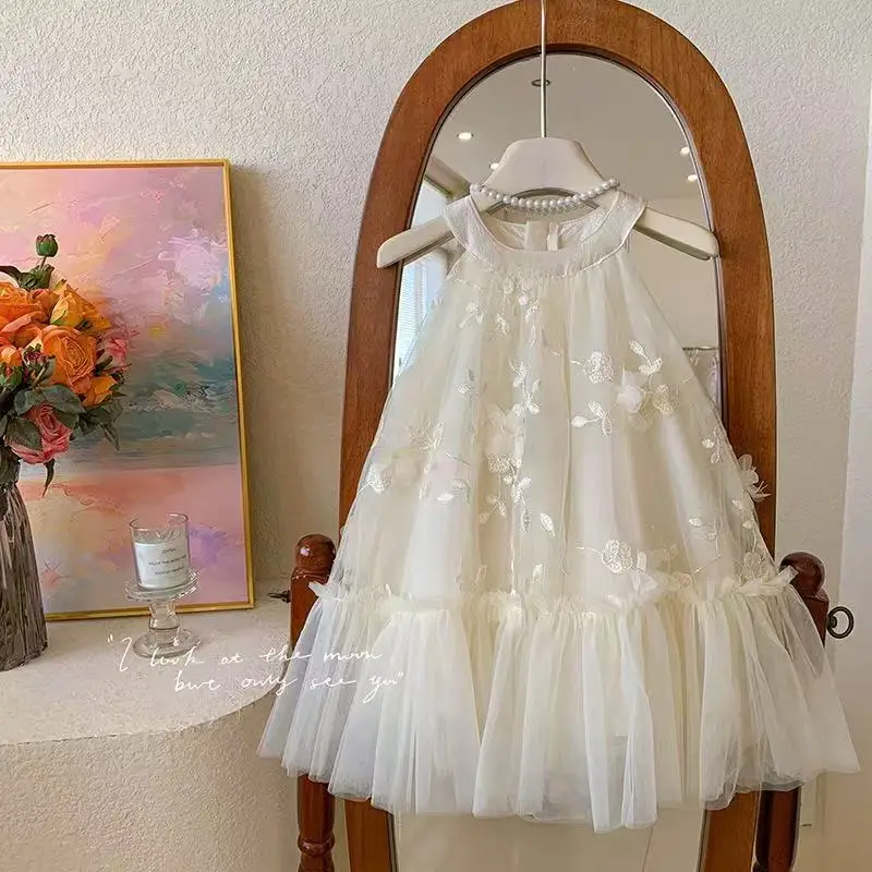 Dress 2025 Spring and Summer Children's Simple High-end Three-dimensional Petal Neck Mesh Dress Vacation Style 5