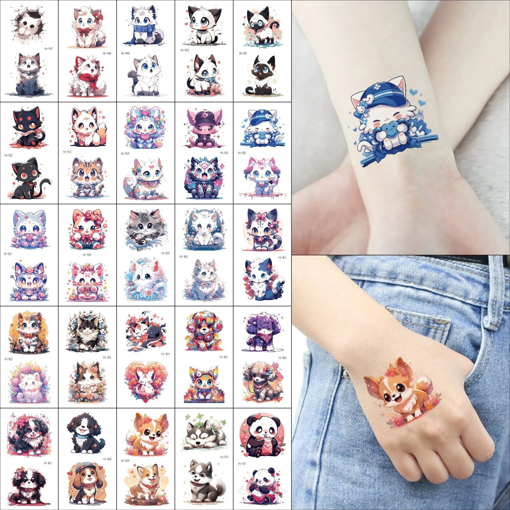 Blue Luminous Temporary Tattoo Cute Cartoon Cat Dog Animal Fake Tattoos Waterproof Tattoo Stickers Body Art Taty Hand Arm Tattoo